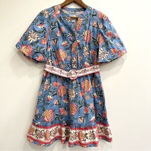 Joie Baja Contract Floral Short Puff Sleeve Belted Mini Dress Blue Cream Size 10